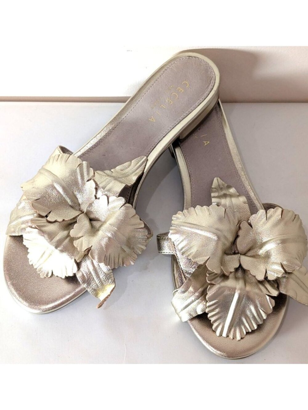 NEW Cecelia Lila Hibiscus Flower Leather Slide, Silver, Size 6.5
